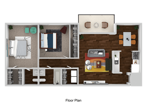 Floor plan for 2 beds, 1.5 baths, 1022 sqft